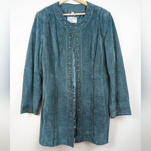 Pamela McCoy Teal Turquoise Suede Leather Coat Studded Brass Womens Jacket Large